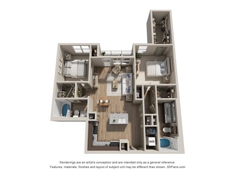 Floor plan for 2 beds, 2 baths, 1143 sqft